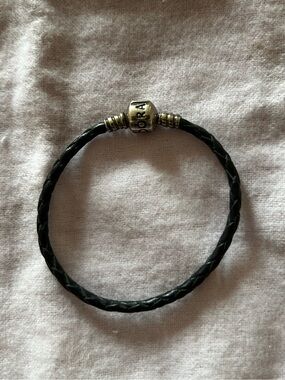 Authentic Pandora Black Leather Bracelet Sterling Silver Clasp